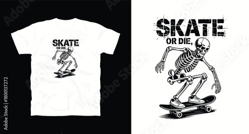 Skate or die skeleton skateboarder vector design for t shirt graphic. Typography streetwear print with skater riding board skull in grunge style