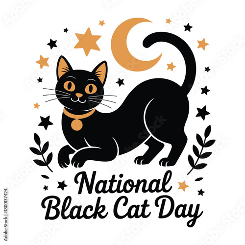 A black cat celebrates National Black Cat Day surrounded by stars and a crescent moon.
