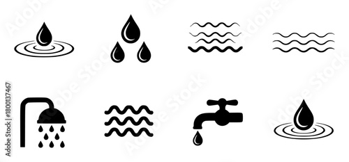 Collection of black and white water-related icons on a white background
