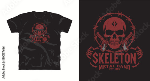 Skeleton metal band skull guns barbed wire vector illustration Featuring skeleton skull Metal band since 1989 for rock apparel prints designs