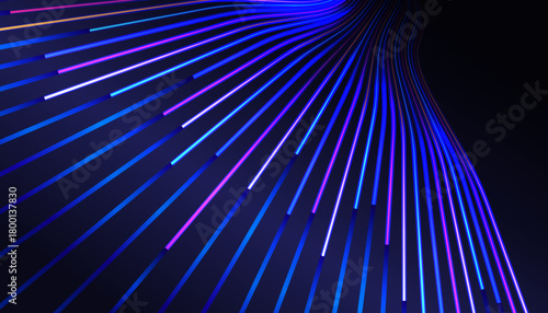 Abstract background depicting rapid data transfer and connection. Glowing neon lines, representing digital cables, fiber optics, or fast information flow, AI, and futuristic technology.