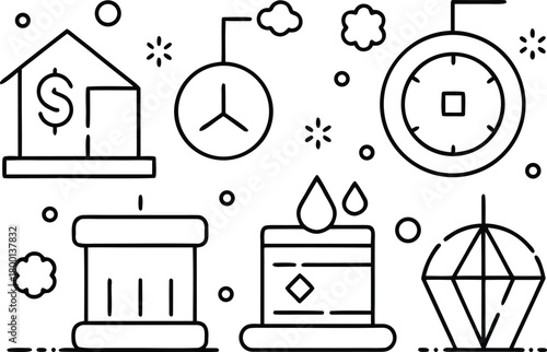 Financial icons: bank, clock, oil barrel, diamond, abstract elements