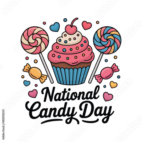 Celebrate National Candy Day with a delicious cupcake and colorful lollipops.
