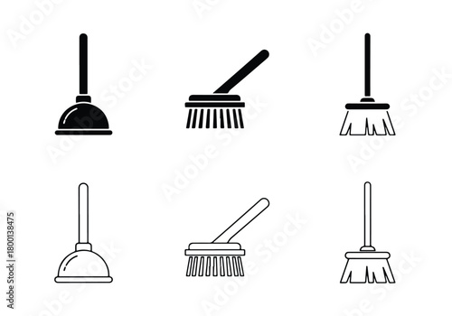 Set of six cleaning tools simple icons plunger brooms - Vector icon symbol for website - Icon vector - Blue icon vector - Line and glyph solid icon set