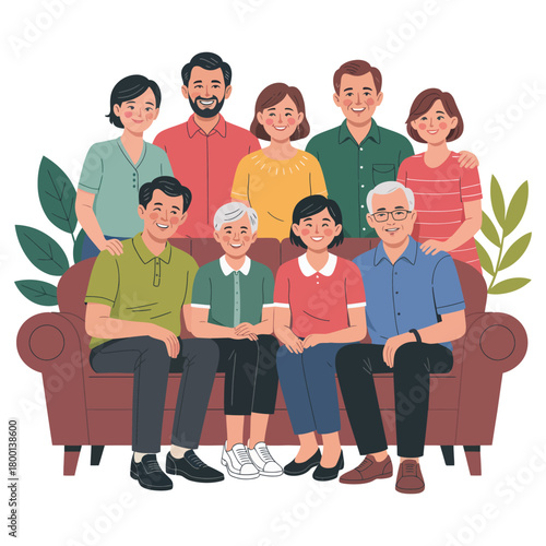 A diverse multi-generational family sits together on a sofa, smiling.