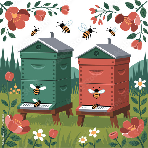 Two colorful beehives with bees buzzing around in a meadow with flowers.