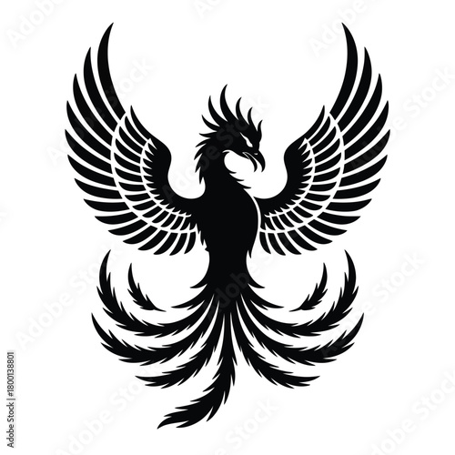 A striking black silhouette of a mythical phoenix with outstretched wings and a long, flowing tail.
