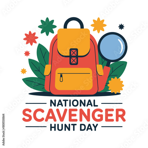 National Scavenger Hunt Day is celebrated with a backpack, magnifying glass, and colorful decorations.