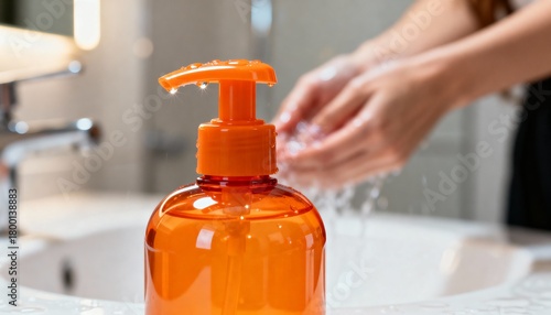 A close-up of an orange pump bottle with liquid, as a person washes their hands in the background, highlighting hygiene and cleanliness.