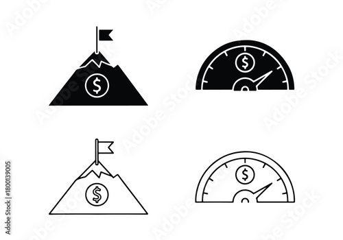 Business growth icons mountain summit speedometer dollar symbol - Vector icon symbol for website - Icon vector - Blue icon vector - Line and glyph solid icon set