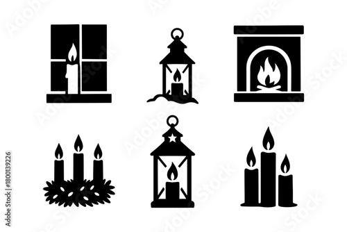 Cozy candles silhouettes, lanterns and fireplace