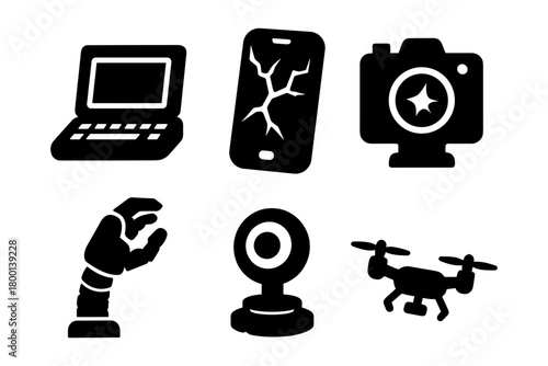 Tech device silhouettes, computer camera drone set