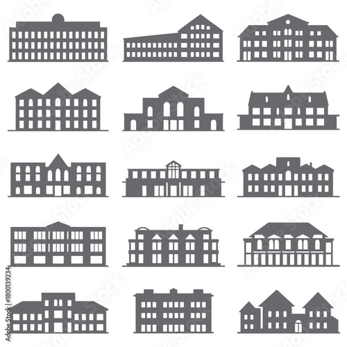 A collection of various building silhouettes representing institutional and public architecture.