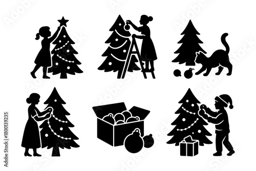 Christmas tree decorating silhouettes, people and pets