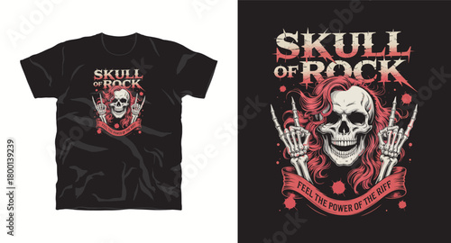 Skull of rock t shirt design with long hair and hand gesture to feel power of riff in music theme graphic