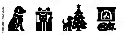 Cozy pets christmas silhouettes, home and fireplace