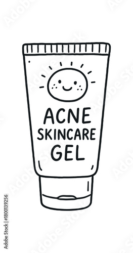 handdrawn cute doodle style acne skincare gel tube vector line illustration