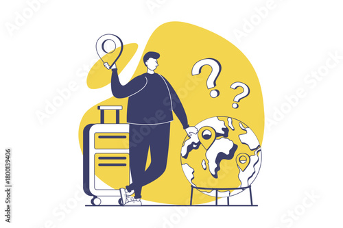 Travelling web concept with flat people for website design. Man with suitcase planning summer vacation or business trip, going in global travel, navigating routes with Earth map. Vector illustration.