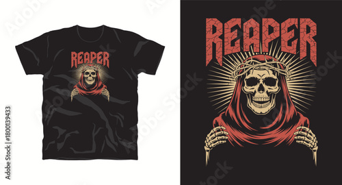 Reaper t shirt design with skull and crown of thorns for dark death themed graphic and macabre clothing