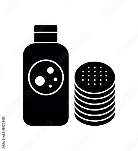 facial cleansing pads and bottle flat black solid vector illustration isolated on white background