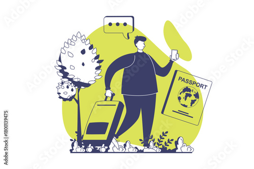 Travelling web concept with flat people for website design. Man with passport and suitcase going on vacation or business trip, flying in travel by plane, airline transportations. Vector illustration.