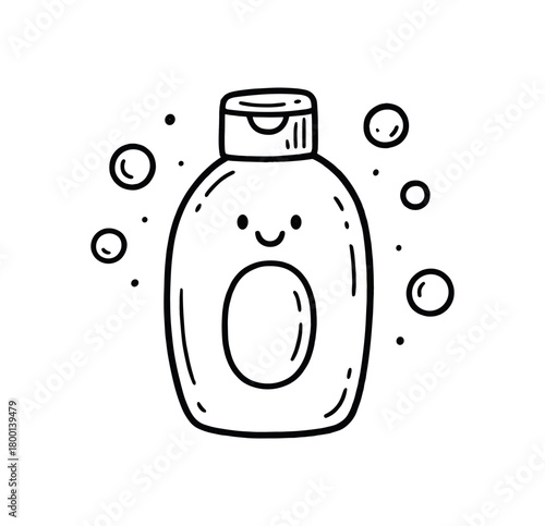 handdrawn cute doodle style shower gel bottle with bubbles vector line illustration