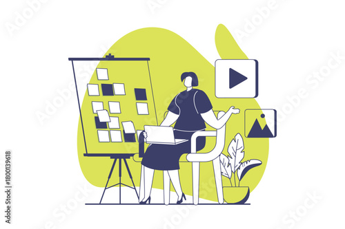 UI and UX designers web concept with flat people for website design. Woman creating layout interface for mobile application, building menu template and managing structure. Vector illustration.