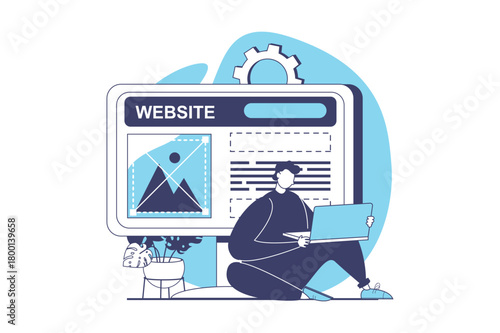 UI and UX designers web concept with flat people for website design. Man works at laptop, creating site interface and mobile application template, building navigation at screen. Vector illustration.