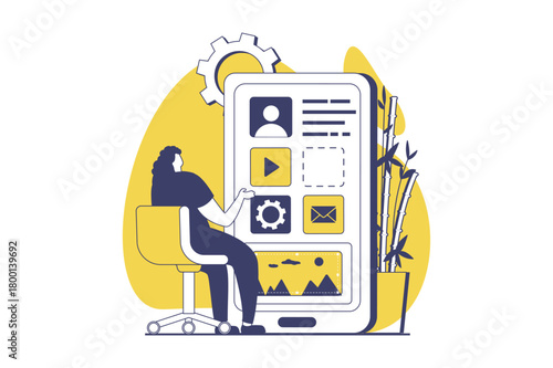 UI and UX designers web concept with flat people for website design. Woman creating site interface, placing buttons and mobile applications template, engineering menu at screen. Vector illustration.