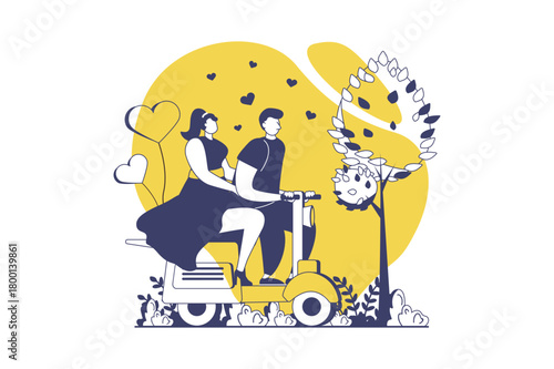 Valentine's Day web concept with flat people for website design. Girlfriend and boyfriend celebrating romantic holiday. Couple going on date and riding motorbike together. Vector illustration.