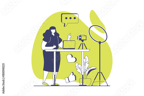 Video streaming web concept with flat people for website design. Woman recording podcasts and video content standing by desk, broadcasting online, communicate with followers. Vector illustration.