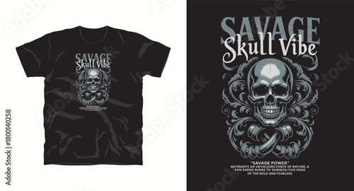 Savage skull vibe vector design on black t shirt apparel fashion clothing template concept with bone power text typography print streetwear