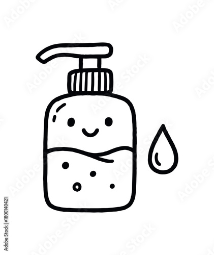 handdrawn cute doodle style antiseptic gel bottle with droplet vector line illustration