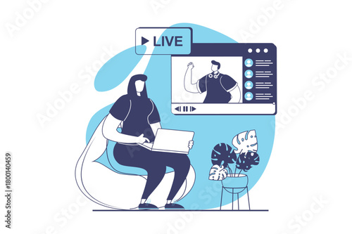 Video streaming web concept with flat people for website design. Man broadcasting online, communicate with followers, woman watching video and commenting in chat with followers. Vector illustration.