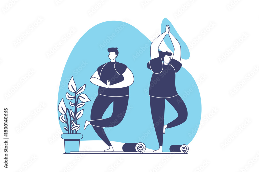 Naklejka premium Yoga training web concept with flat people for website design. Woman and man doing yoga asanas at mats, practicing breathing exercises, balance positions in group at sport studio. Vector illustration.