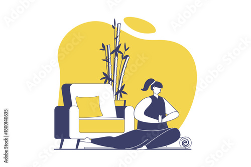 Yoga training web concept with flat people for website design. Woman doing yoga asanas at home, practicing flexibility postures and stretching positions for healthy body activity. Vector illustration.