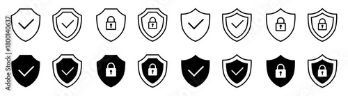 Shield security icon set, protection symbols, security icon with check mark and lock sign