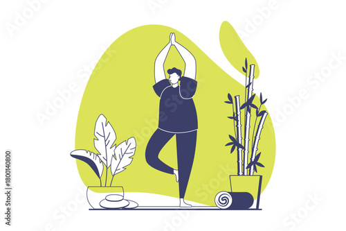 Yoga training web concept with flat people for website design. Man doing yoga asanas at mat, practicing strength postures and balance exercises, healthy activity and discipline. Vector illustration.