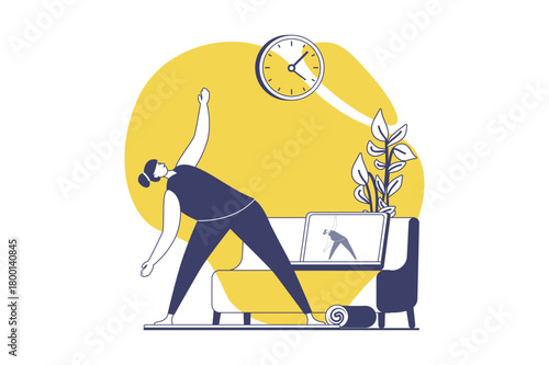 Yoga training web concept with flat people for website design. Woman doing yoga asanas at home with video instructor, practicing strength postures and balance exercises at mat. Vector illustration.
