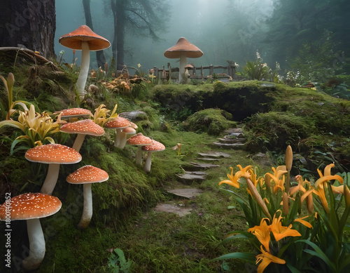 fantastic wonderland landscape with mushrooms, lilies flowers, japanese garden in autumn