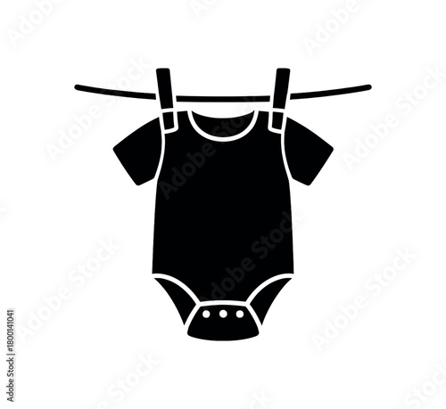 baby onesie drying on clothesline flat black solid vector illustration isolated on white background