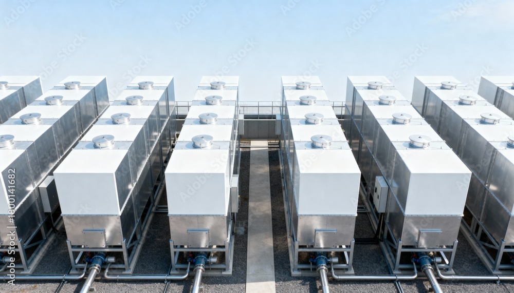 Fototapeta premium Rows of Direct Air Capture units at a carbon capture facility. Technology for CO2 removal and climate change solutions. Green energy and sustainability concept