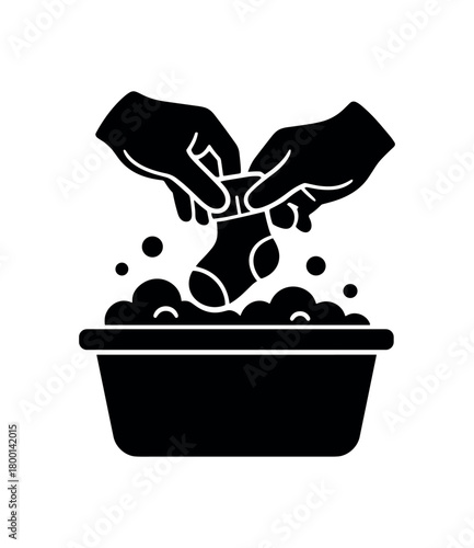 hand washing baby socks basin flat black solid vector illustration isolated on white background