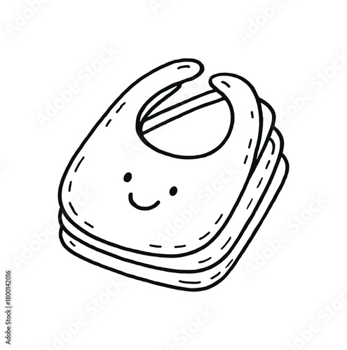  Baby bib with smiley face doodle icon. Newborn, toddler, feeding, nursery accessory symbol. Hand drawn outline vector illustration.