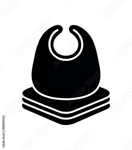 clean folded baby bib stack flat black solid vector illustration isolated on white background