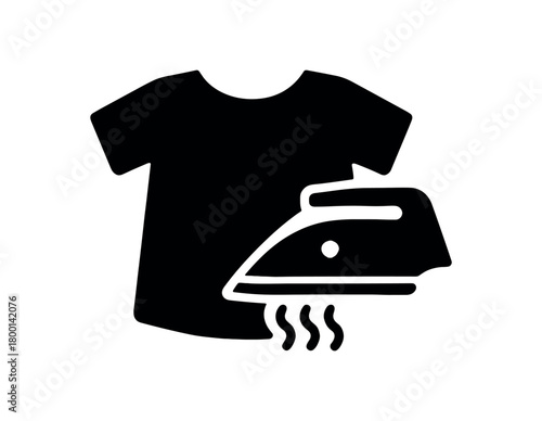 steam iron smoothing tiny baby shirt flat black solid vector illustration isolated on white background