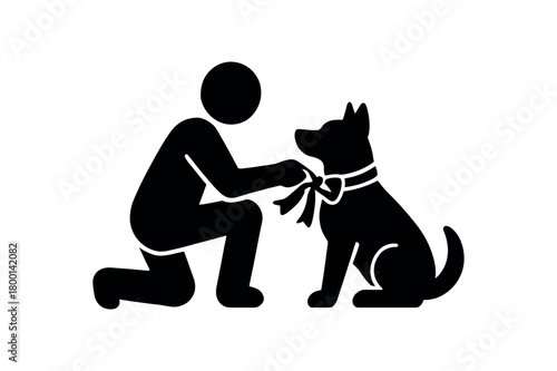 person tying ribbon on dog collar flat black solid vector illustration isolated on white background