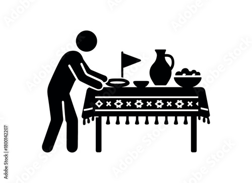 person arranging table with national decor flat black solid vector illustration isolated on white background