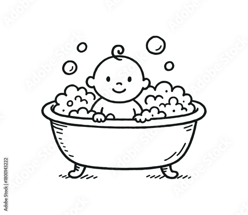 handdrawn cute doodle style baby bath tub vector line illustration