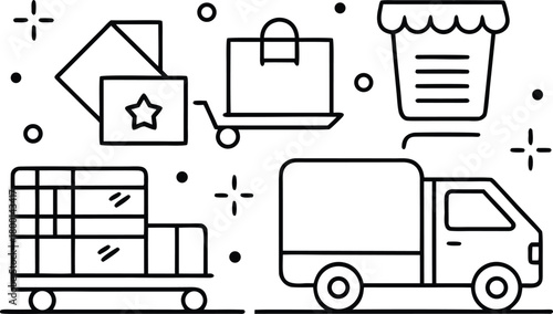 E-commerce delivery icons: truck, cart, packages, and shop
